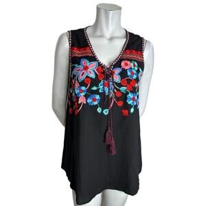 Papillon Womens Black Linen Cotton Blend Floral Embroidered Sleeveless Top Med
